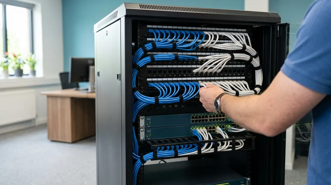 Técnico ordenando los cables de red azules y blancos de un armario rack con patch panel y switch en una oficina