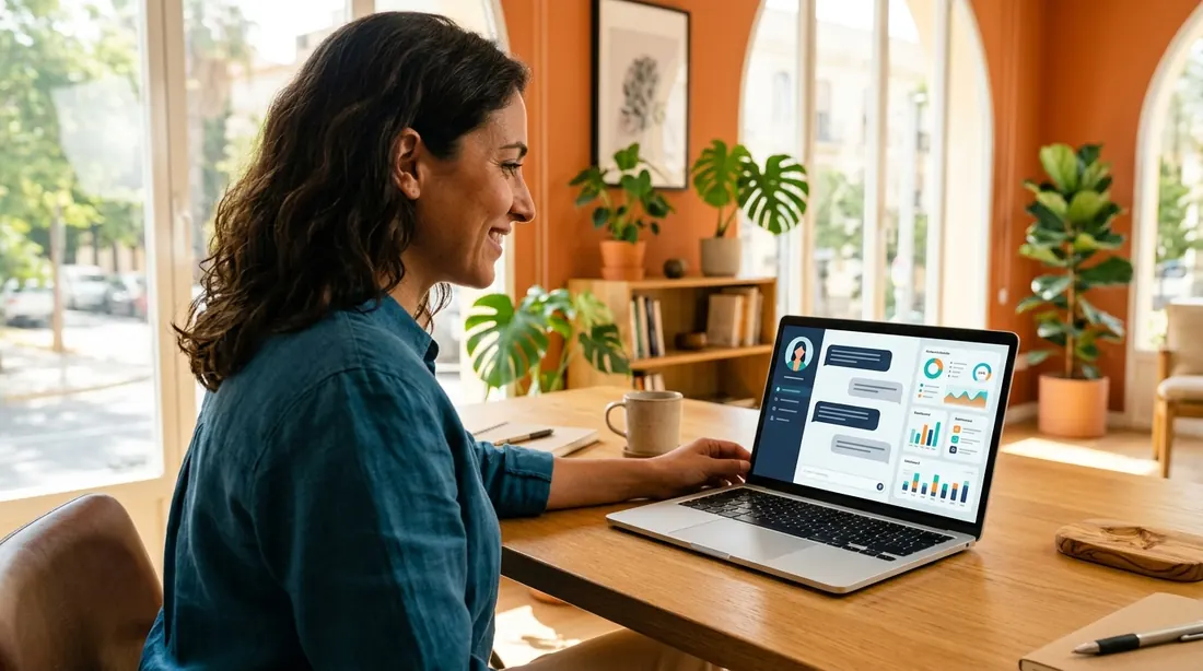 Mujer sonriendo en su oficina mientras consulta en el portátil una conversación con un asistente de inteligencia artificial