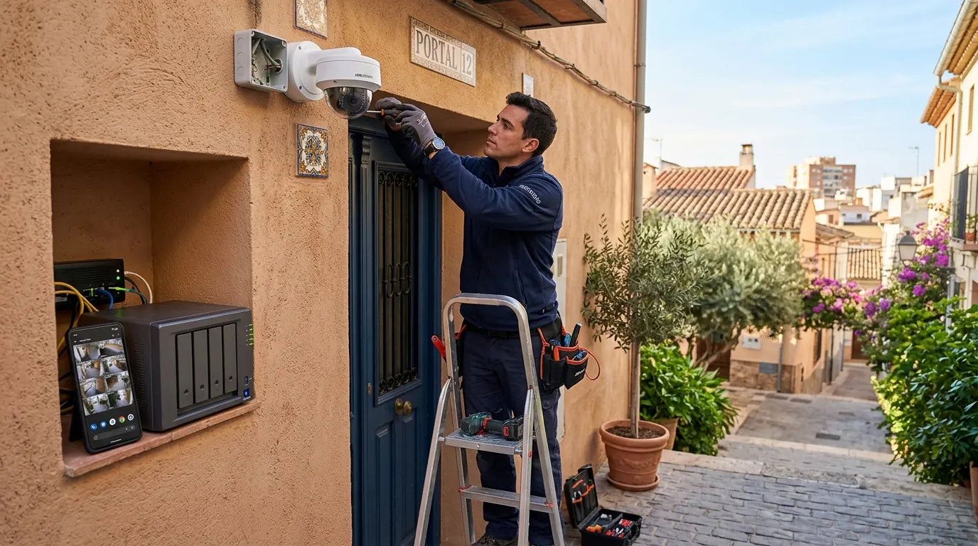 Técnico instalando una cámara domo en el portal de una comunidad de vecinos, con el grabador y un móvil que muestra las cámaras
